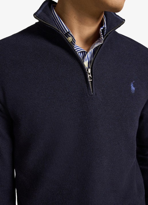 Ralph Lauren Fijngebreide trui met halve rits en logoborduring - detail 3 navy heather / blauw