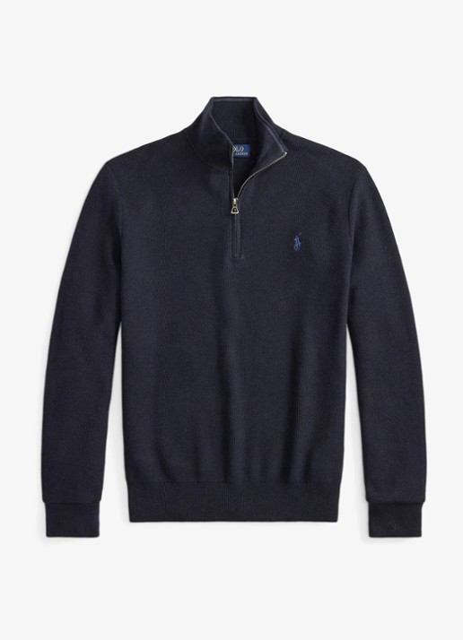 Ralph Lauren Fijngebreide trui met halve rits en logoborduring - voorkant 4 navy heather / blauw