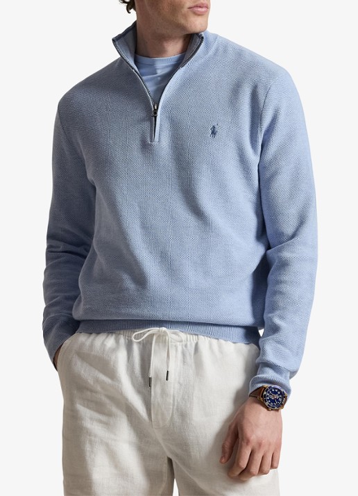 Ralph Lauren Fijngebreide trui met halve rits en logoborduring - detail 2 blue hyacith heather / blauw