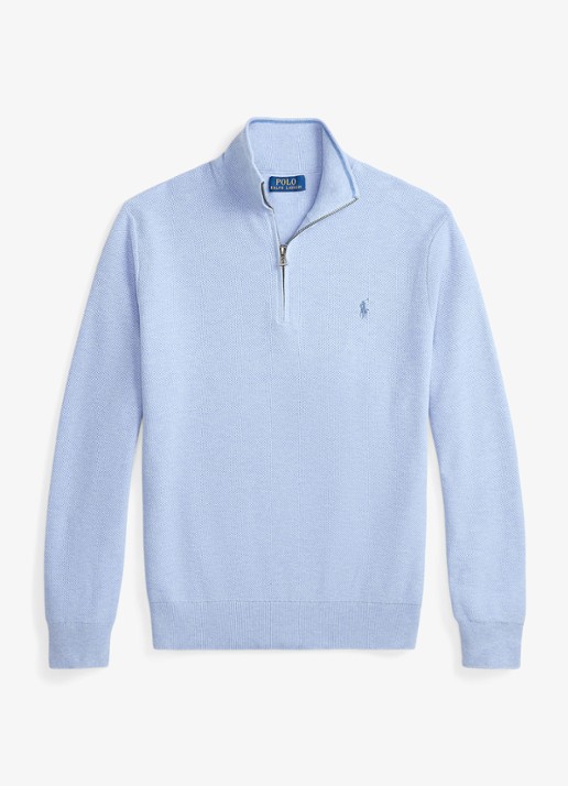 Ralph Lauren Fijngebreide trui met halve rits en logoborduring - voorkant 4 blue hyacith heather / blauw