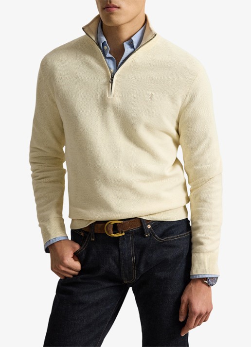 Ralph Lauren Fijngebreide trui met halve rits en logoborduring - voorkant 2 andover cream / crème