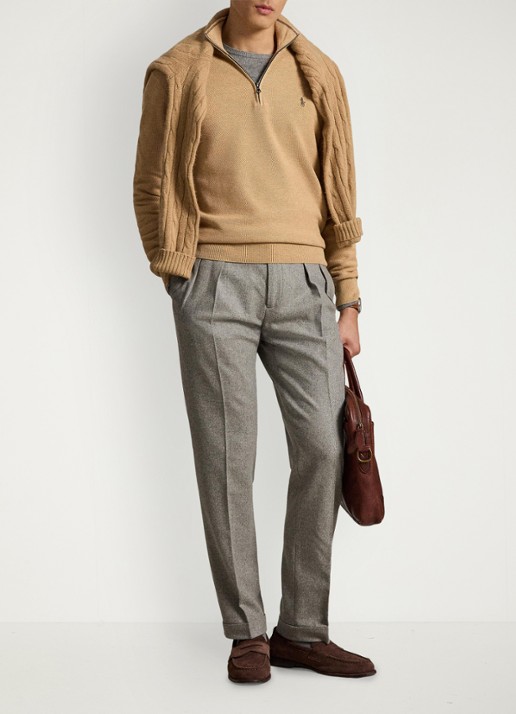 Ralph Lauren Fijngebreide trui met halve rits en logoborduring - detail camel melange / bruin