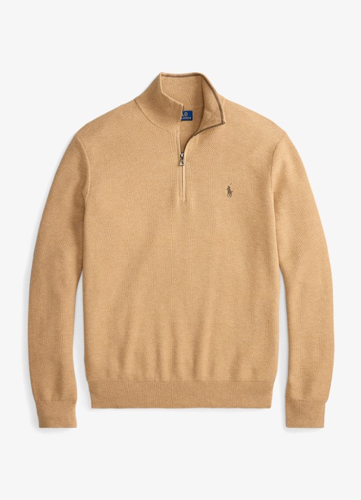 Ralph Lauren Fijngebreide trui met halve rits en logoborduring - voorkant 3 camel melange / bruin