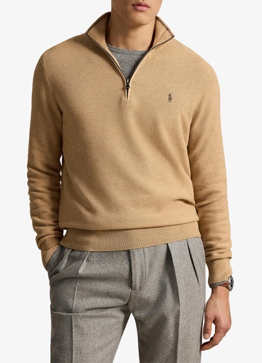 Ralph Lauren Fijngebreide trui met halve rits en logoborduring - voorkant 4 camel melange / bruin