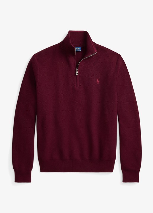 Ralph Lauren Fijngebreide trui met halve rits en logoborduring - voorkant merlot wine heather / rood
