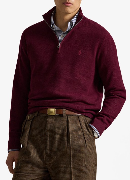 Ralph Lauren Fijngebreide trui met halve rits en logoborduring - voorkant 2 merlot wine heather / rood