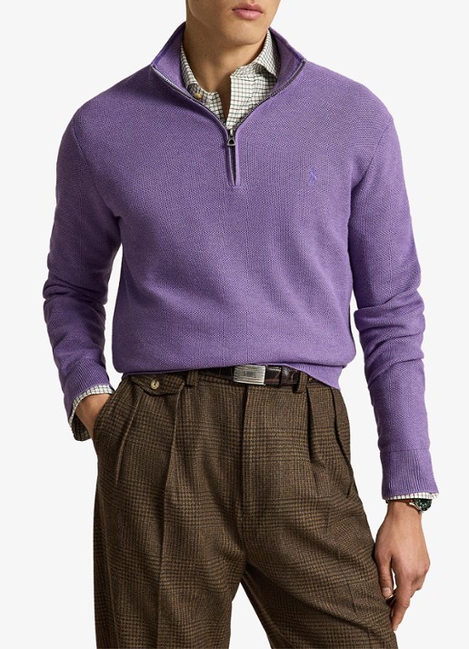 Ralph Lauren Fijngebreide trui met halve rits en logoborduring - voorkant 2 light coronet purple heather / lichtpaars