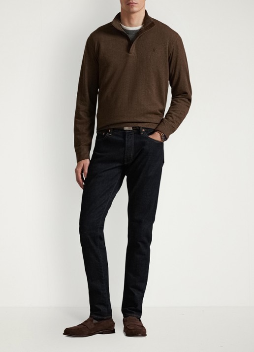 Ralph Lauren Fijngebreide trui met halve rits en visgraatdessin - voorkant 5 cedar herringbone / donkerbruin