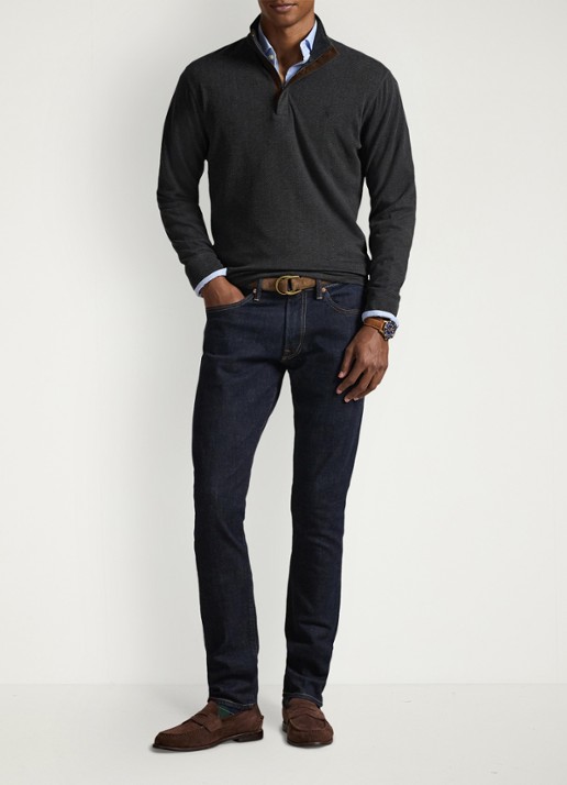 Ralph Lauren Fijngebreide trui met halve rits en visgraatdessin - voorkant 5 windsor herringbone / donkergrijs