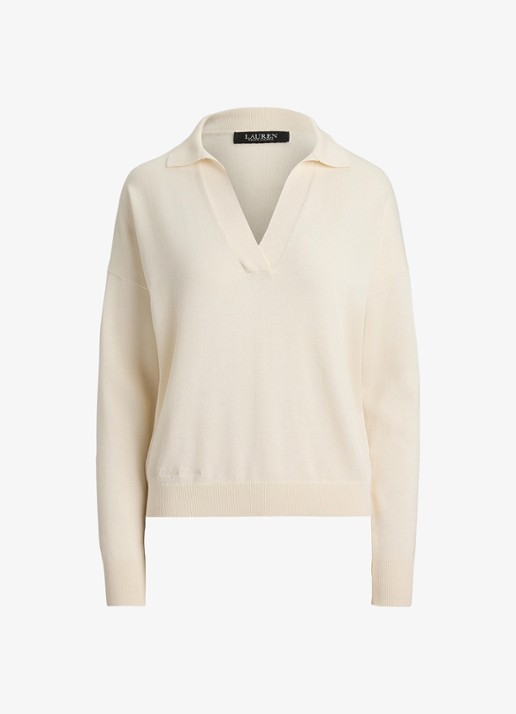 Ralph Lauren Fijngebreide trui met kraag - voorkant 4 mascarpone crème / crème