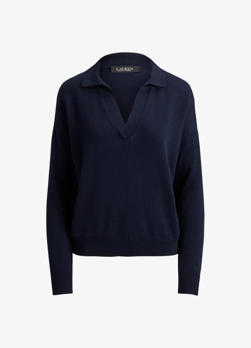 Ralph Lauren Fijngebreide trui met kraag - voorkant 3 lauren navy / blauw