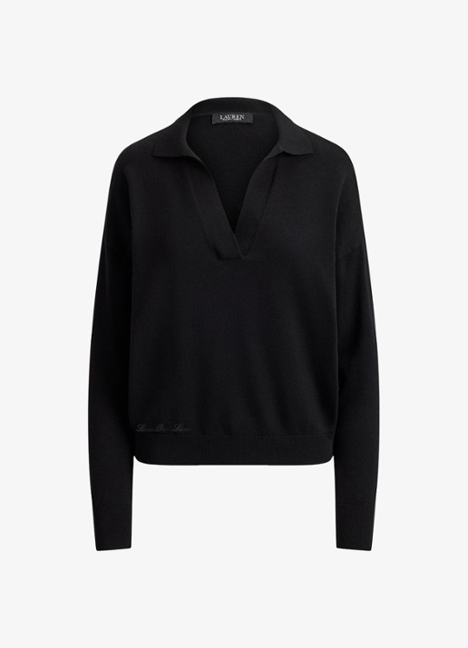 Ralph Lauren Fijngebreide trui met kraag - voorkant 2 zwart