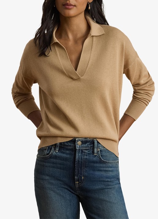 Ralph Lauren Fijngebreide trui met kraag - detail birch tan / beige