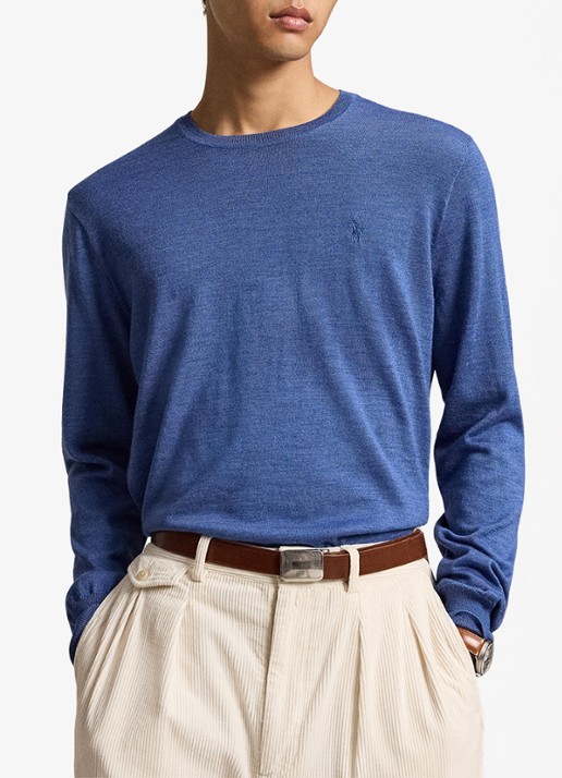 Ralph Lauren Fijngebreide trui met logoborduring - voorkant 3 clarity blue heather / blauw