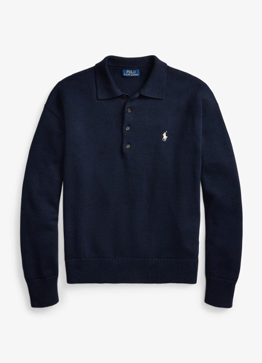Ralph Lauren Fijngebreide trui met polokraag en borduring - voorkant 4 navy combo / donkerblauw