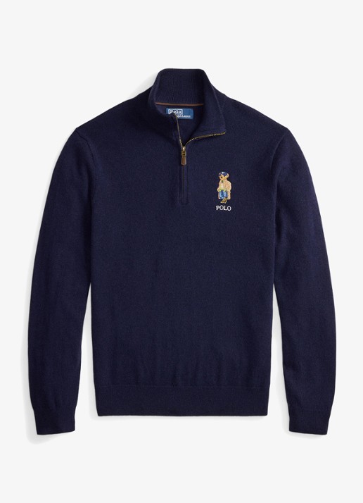 Ralph Lauren Fijngebreide trui van wol met halve rits - voorkant hunter navy / donkerblauw