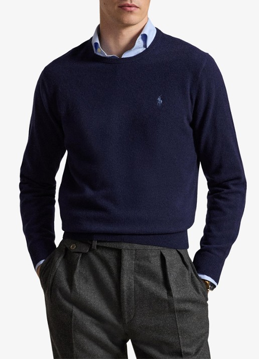 Ralph Lauren Fijngebreide trui van wol met logoborduring - voorkant 2 hunter navy / donkerblauw