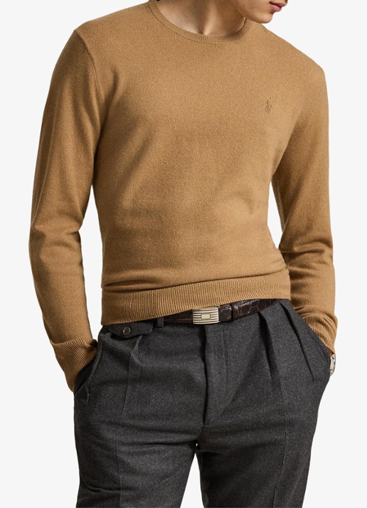 Ralph Lauren Fijngebreide trui van wol met logoborduring - voorkant 3 crouton tan heather / beige
