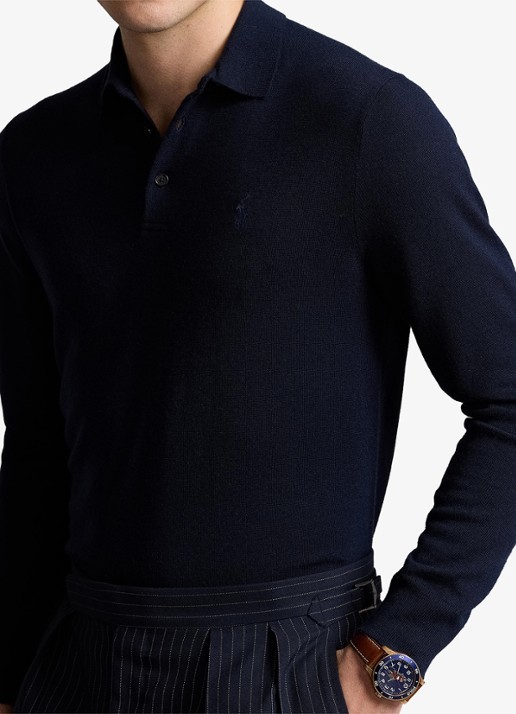 Ralph Lauren Fijngebreide trui van wol met polokraag - detail 4 donkerblauw