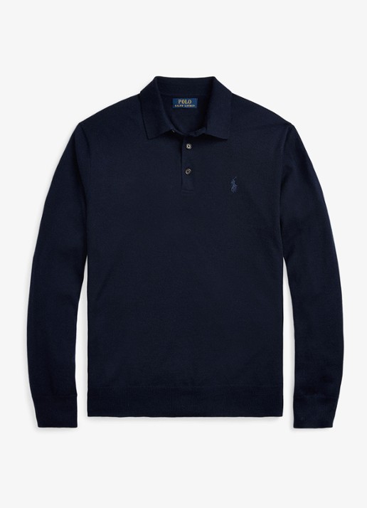 Ralph Lauren Fijngebreide trui van wol met polokraag - voorkant donkerblauw