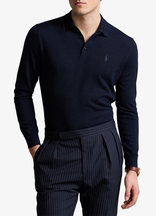 Ralph Lauren Fijngebreide trui van wol met polokraag - voorkant 2 donkerblauw