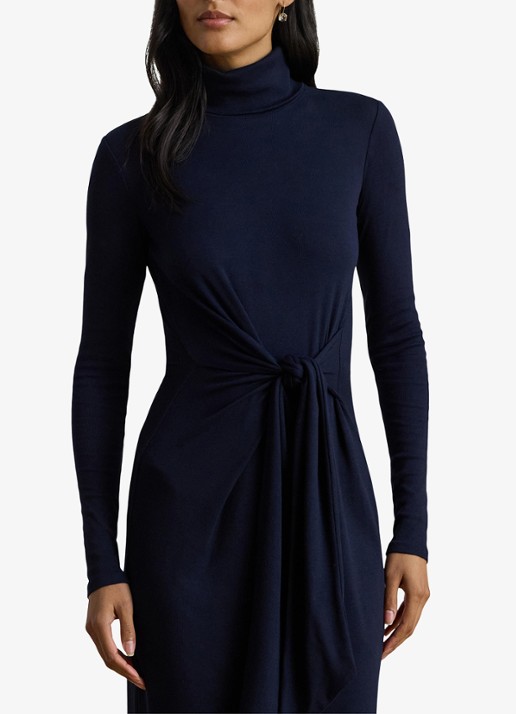 Ralph Lauren FIjngebriede midi jurk met col en strikdetail - detail 4 donkerblauw