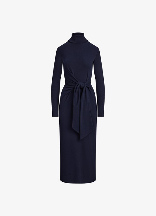 Ralph Lauren FIjngebriede midi jurk met col en strikdetail - voorkant donkerblauw