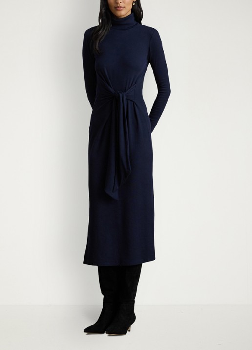 Ralph Lauren FIjngebriede midi jurk met col en strikdetail - voorkant 2 donkerblauw