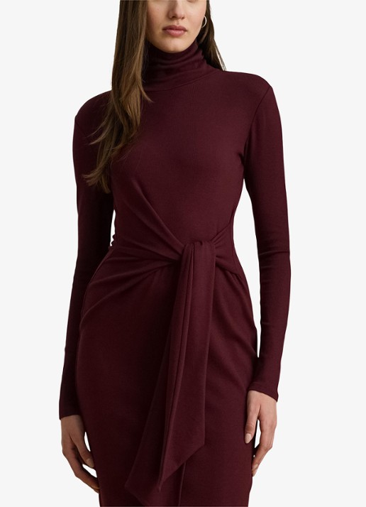 Ralph Lauren FIjngebriede midi jurk met col en strikdetail - detail 3 dark garnet / bordeauxrood