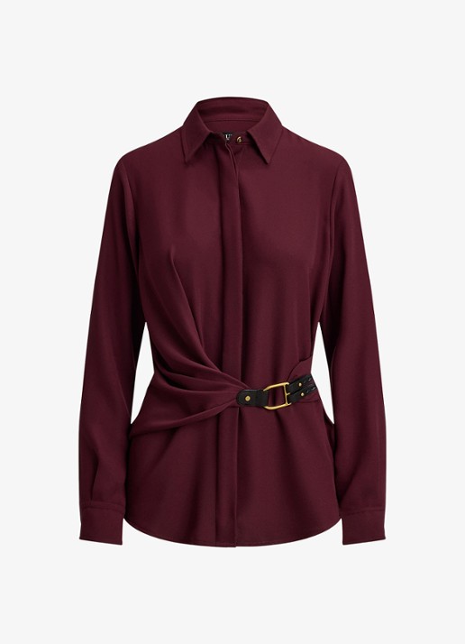 Ralph Lauren Georgette blouse met gespdetail - voorkant 2 dark garnet / bordeauxrood