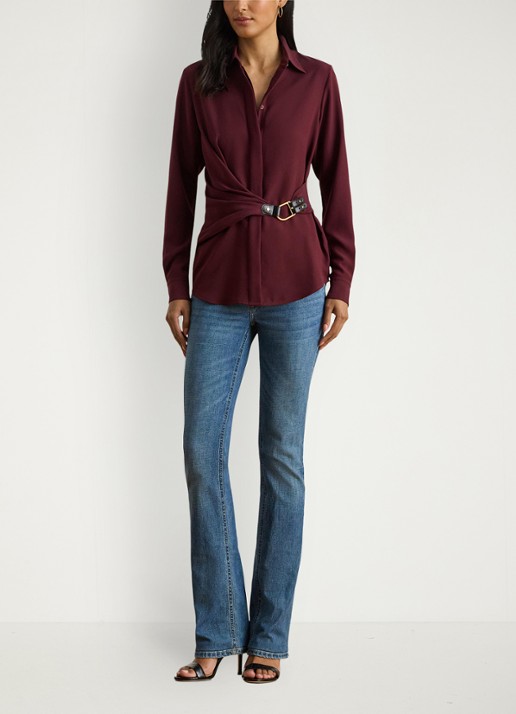Ralph Lauren Georgette blouse met gespdetail - voorkant 3 dark garnet / bordeauxrood
