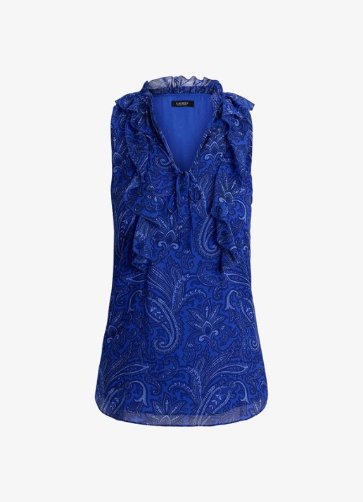 Ralph Lauren Georgette blouse met paisleyprint en ruches - voorkant 2 kobaltblauw