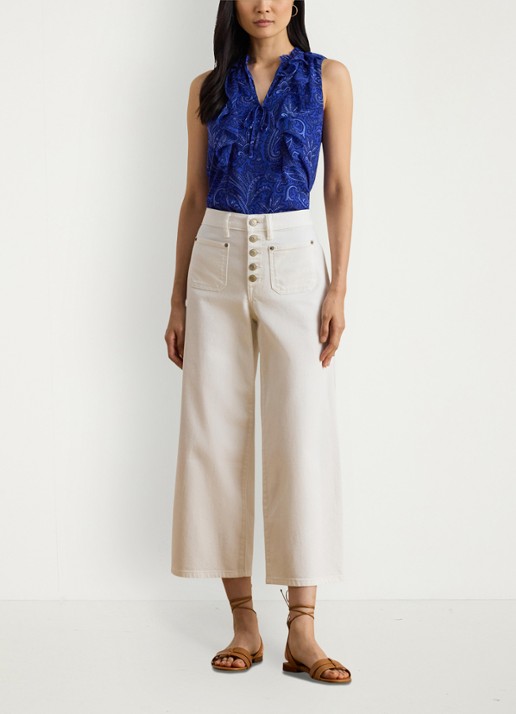 Ralph Lauren Georgette blouse met paisleyprint en ruches - voorkant 3 kobaltblauw