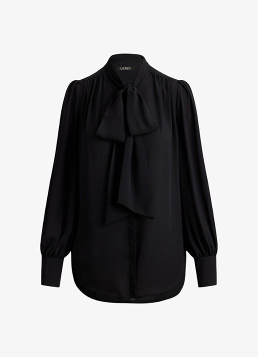Ralph Lauren Georgette blouse met sjaalkraag en pofmouw - voorkant 2 zwart