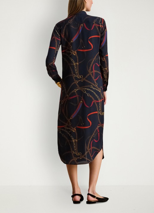 Ralph Lauren Georgette midi blousejurk met sjaalkraag en grafische print - achterkant 4 zwart