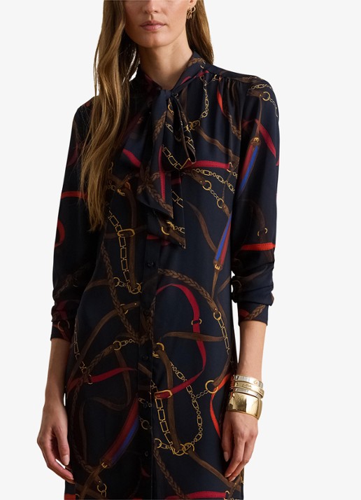 Ralph Lauren Georgette midi blousejurk met sjaalkraag en grafische print - detail 3 zwart