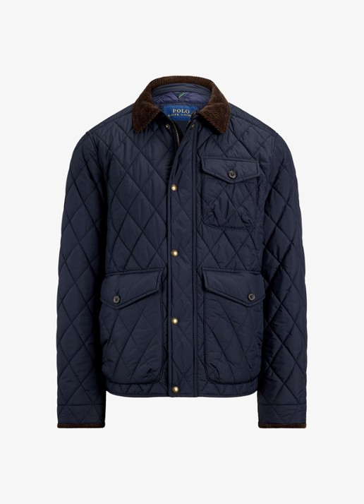 Ralph Lauren Gewatteerd jack met quilt patroon en corduroy kraag - voorkant 3 college navy fa22-3txn / donkerblauw