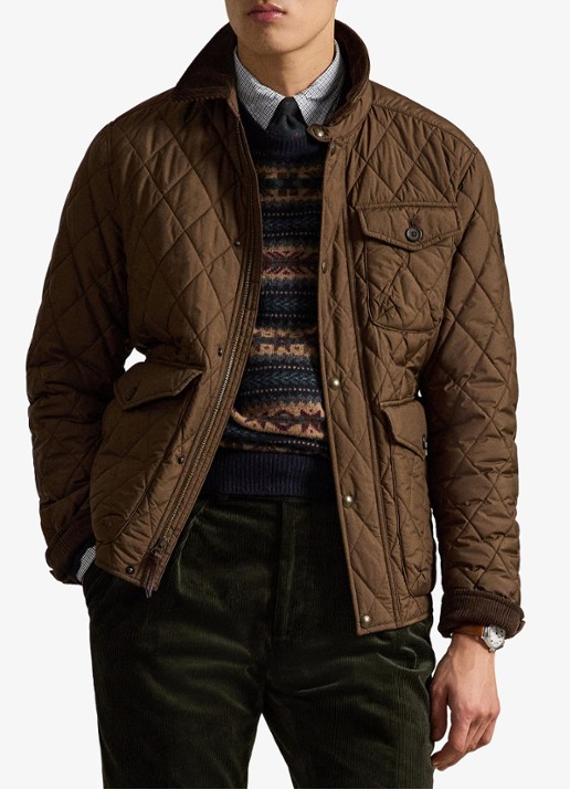 Ralph Lauren Gewatteerd jack met quilt patroon en corduroy kraag - voorkant 4 nutmeg brwn / bruin