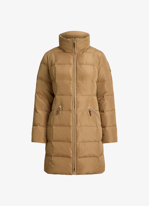 Ralph Lauren Gewatteerde jas met donsvulling en opstaande kraag - voorkant 4 camel