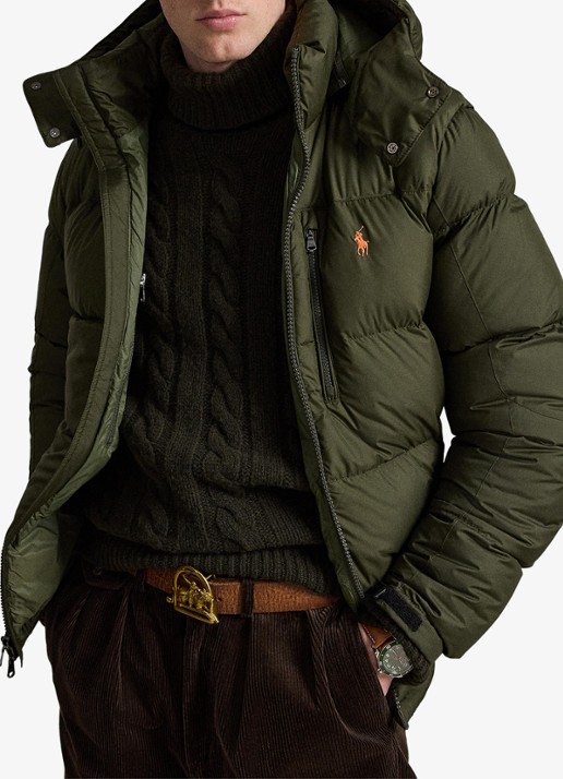 Ralph Lauren Gorham puffer jack met donsvulling en ritszakken - voorkant 4 company olive / olijfgroen