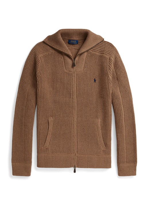 Ralph Lauren Grofgebreid vest in wolblend met logoborduring - voorkant 4 brown sugar melange / bruin
