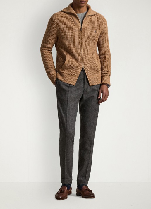 Ralph Lauren Grofgebreid vest in wolblend met logoborduring - voorkant 5 brown sugar melange / bruin