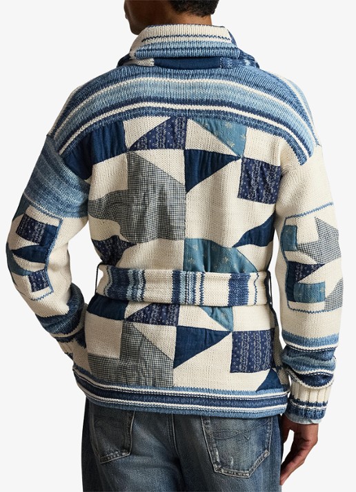 Ralph Lauren Grofgebreid vest met ingebreid patroon en strikceintuur - achterkant cream blue combo / blauw
