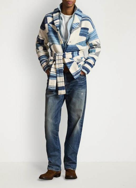 Ralph Lauren Grofgebreid vest met ingebreid patroon en strikceintuur - detail 3 cream blue combo / blauw
