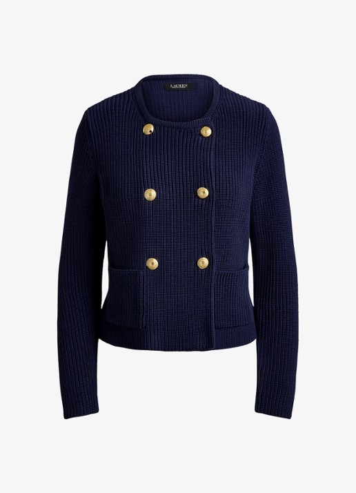 Ralph Lauren Grofgebreid vest met paspelzakken - voorkant refined navy / donkerblauw