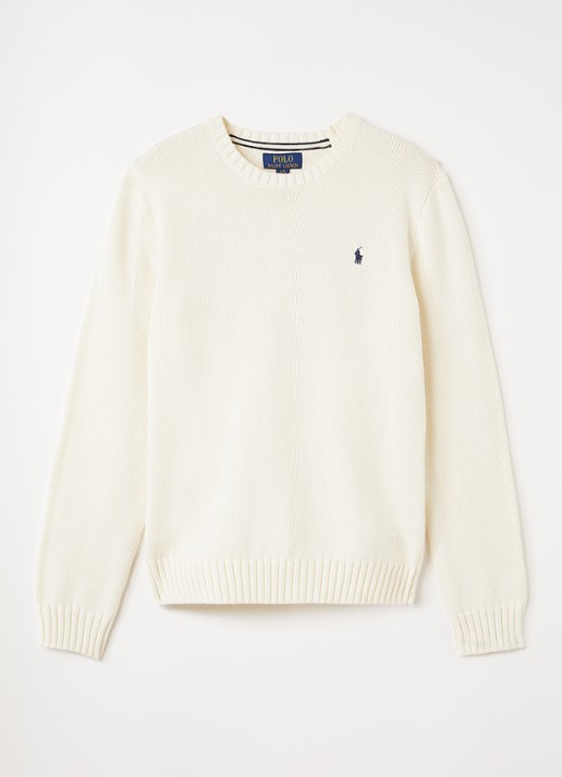 Ralph Lauren Grofgebreide pullover met logo - voorkant gebroken wit