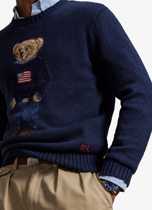 Ralph Lauren Grofgebreide trui in linnenblend met ingebreid logo - detail 2 bear navy / donkerblauw