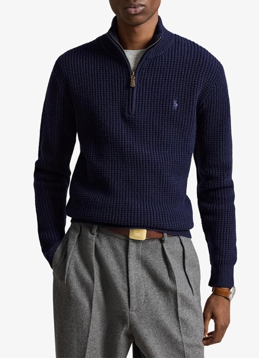 Ralph Lauren Grofgebreide trui in wolblend met halve rits - voorkant 5 hunter navy / donkerblauw