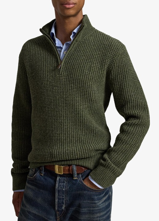 Ralph Lauren Grofgebreide trui in wolblend met halve rits - voorkant 5 olive shrub heather-zxqg / groen