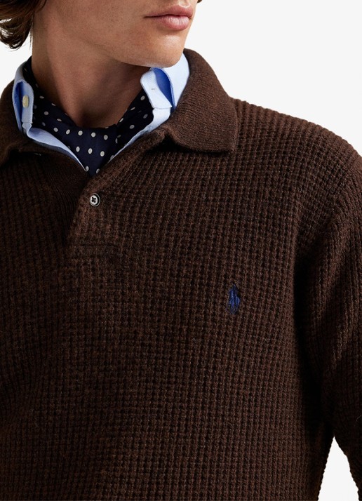 Ralph Lauren Grofgebreide trui in wolblend met polokraag - detail 2 cocao brown heather / donkerbruin